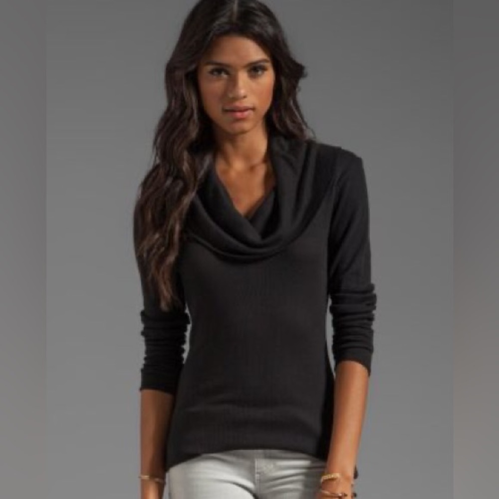 Splendid Black Thermal Cowl Neck Tunic Top Long Sleeve Cotton Blend
